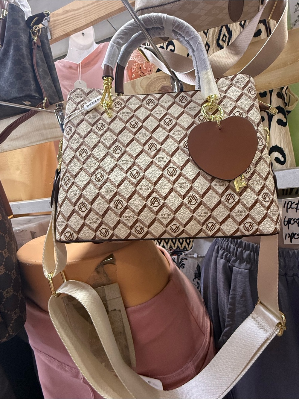 Women's Beige and Brown Patterned Satchel Bag with Heart Charm